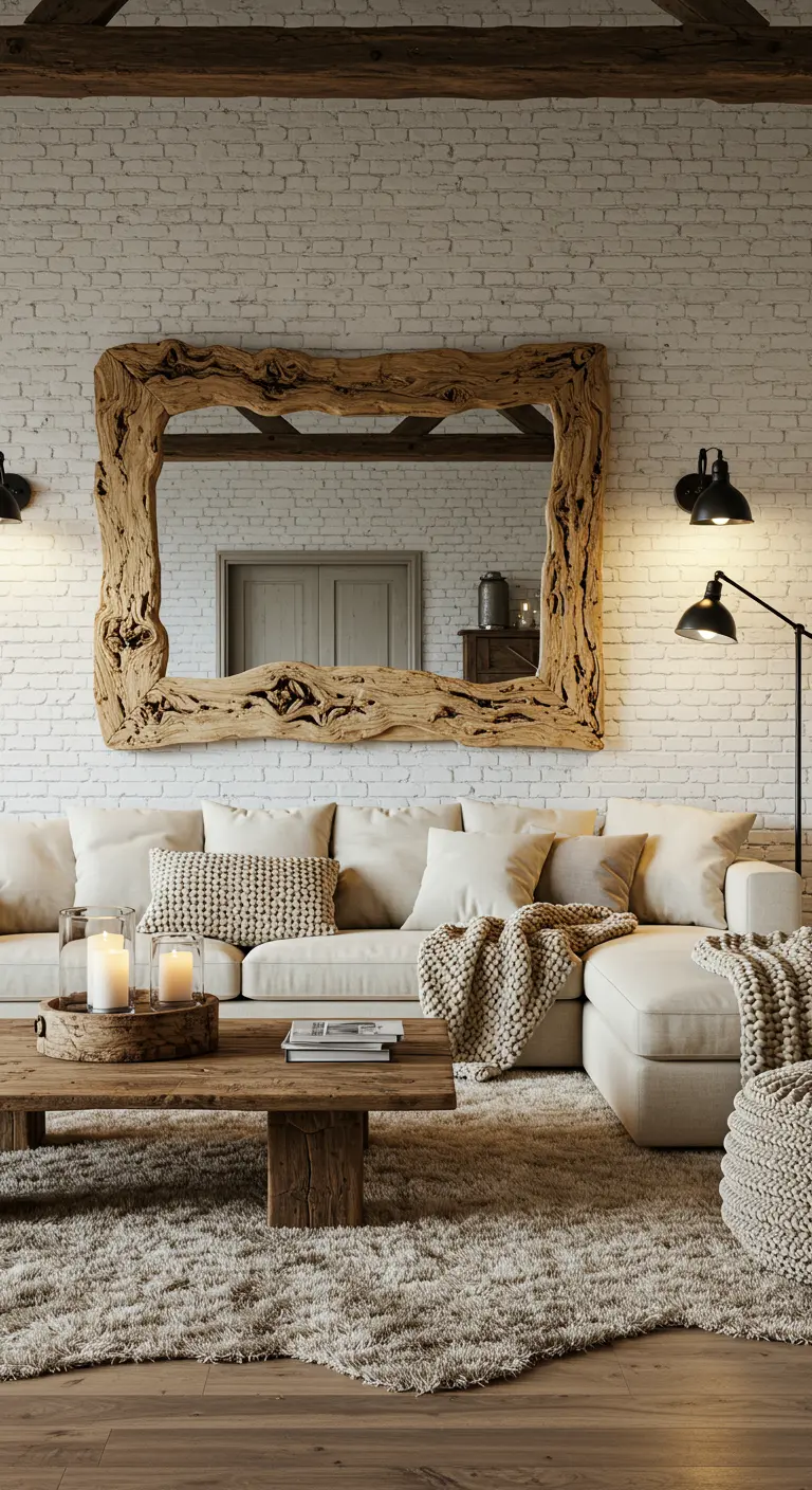 Grand miroir encadré de bois flotté sur un mur de briques blanches dans un salon rustique.