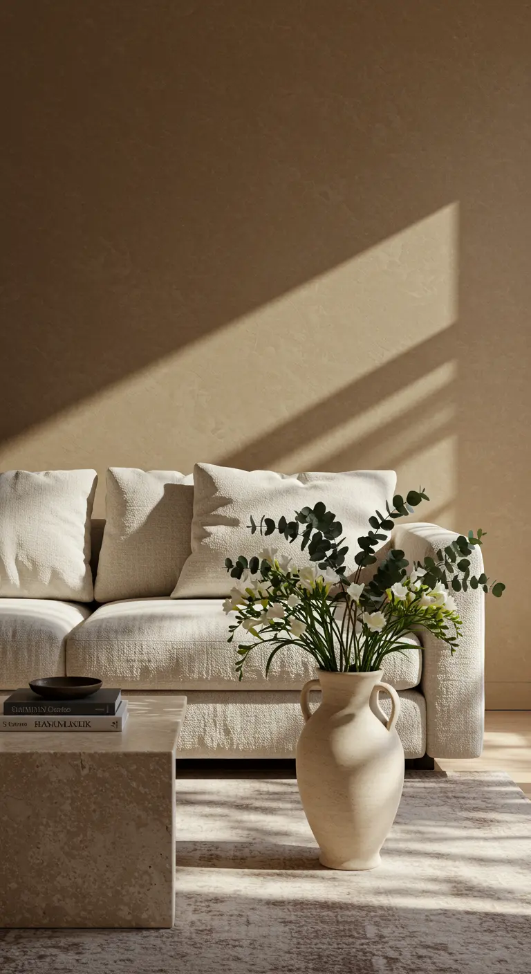 Salon minimaliste avec murs texturés beiges et un bouquet d'eucalyptus