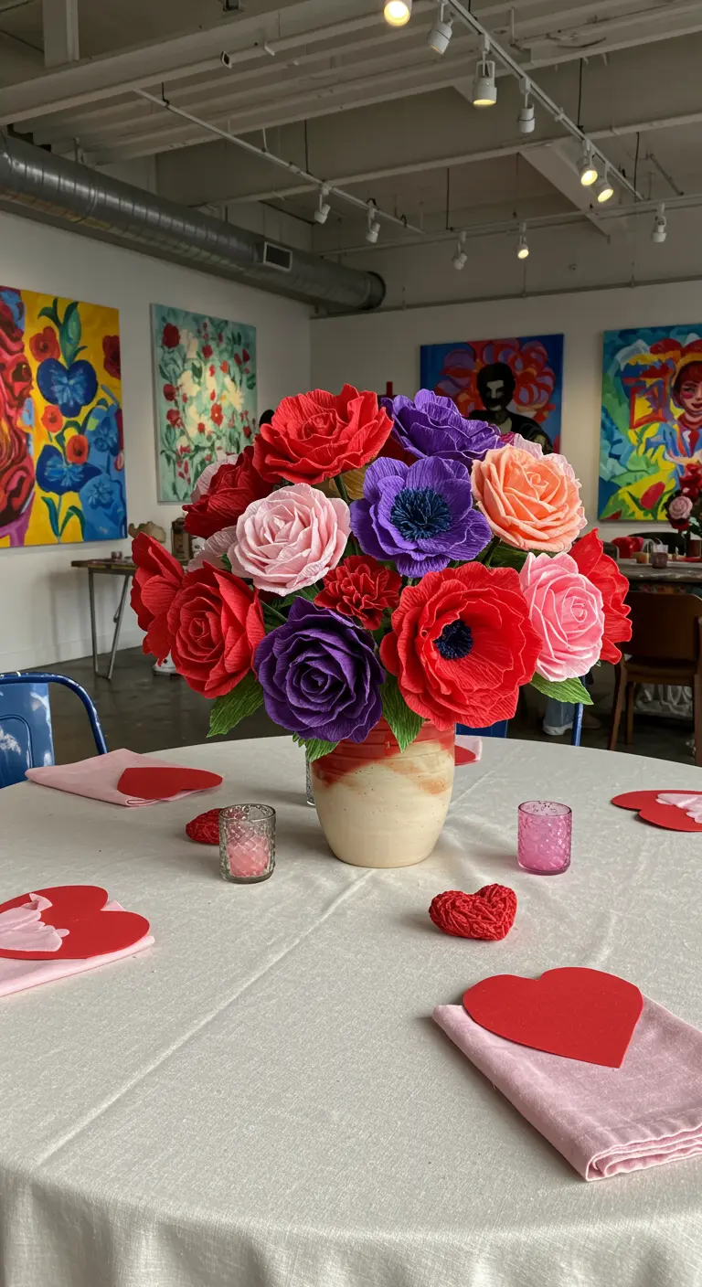 Bouquet coloré de fleurs en papier crépon fait main sur une table de fête.