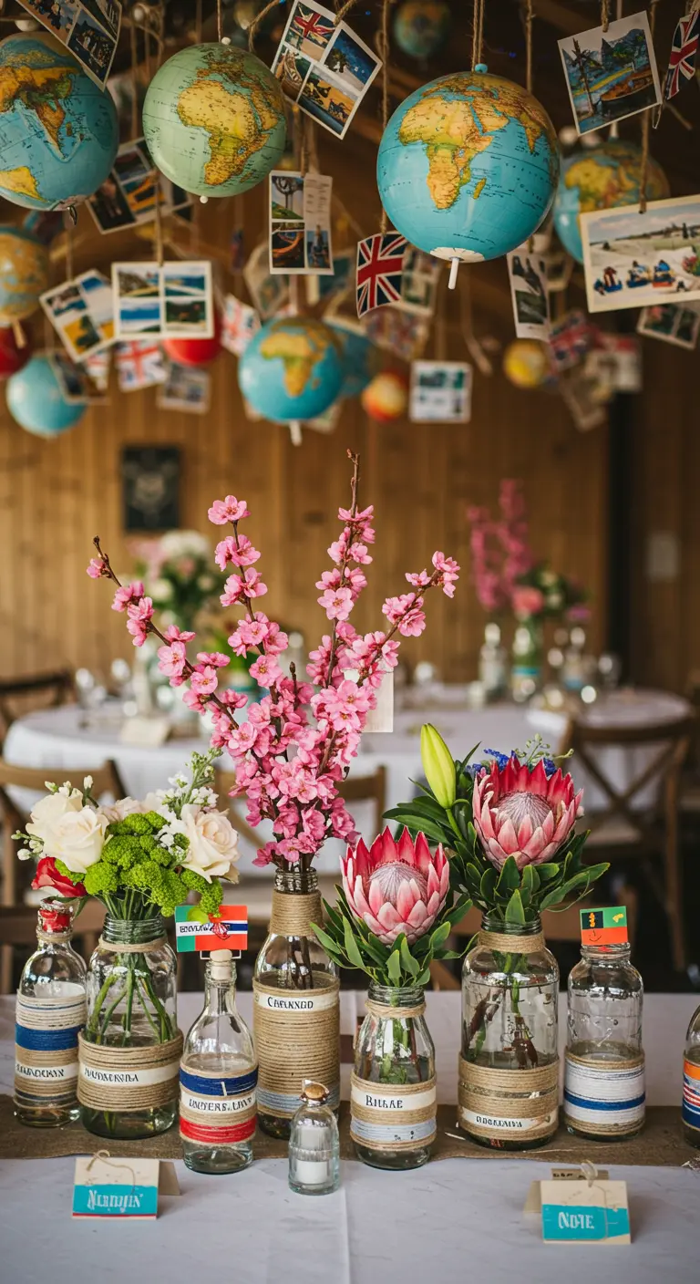 Table de mariage sur le thème du voyage avec globes suspendus, bocaux fleuris et drapeaux.