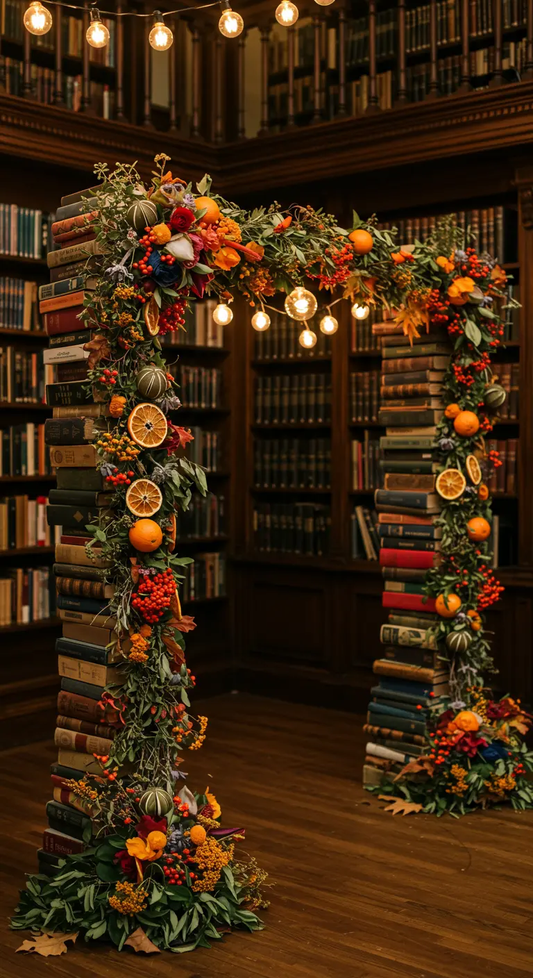 Arche de mariage originale faite de piles de livres et décorée de fleurs.