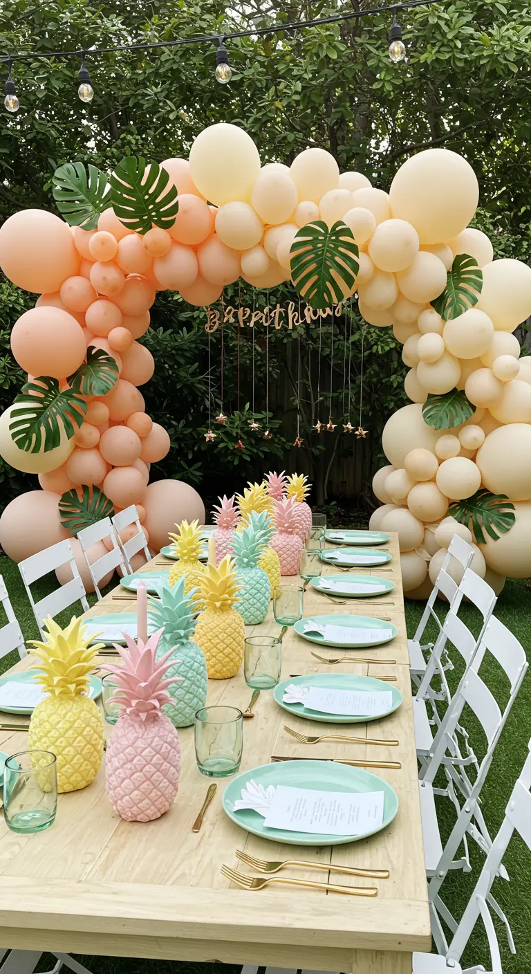 Table de fête tropicale avec ananas pastel, vaisselle menthe et arche de ballons.