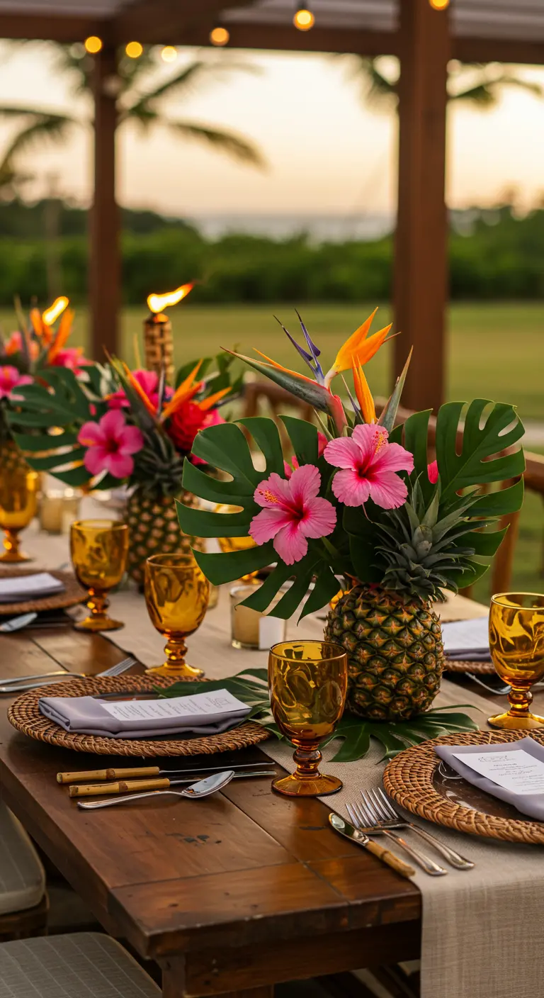 Centre de table tropical avec ananas-vases, hibiscus et torches.