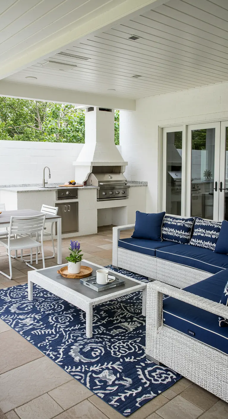 Salon de jardin en résine tressée blanche avec coussins marine, posé sur un grand tapis bleu à motifs.