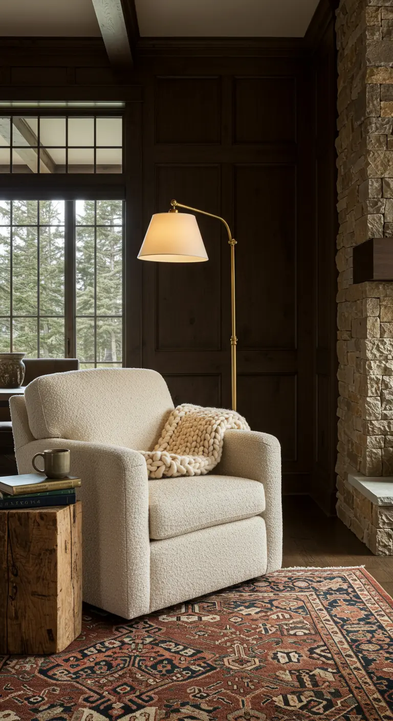 Fauteuil crème bouclé, plaid en maille, lampe laiton, table billot bois, tapis oriental, mur boisé.