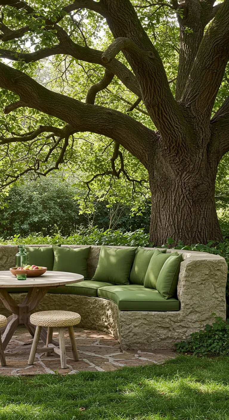 Banquette en pierre naturelle avec coussins verts, sous un grand arbre dans un jardin.