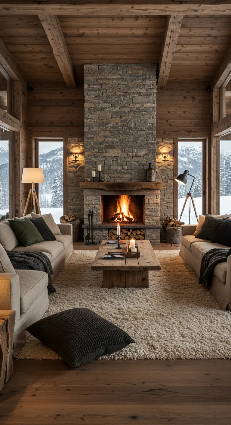 Grand salon rustique avec cheminée en pierre, tapis à poils longs et mobilier en bois.