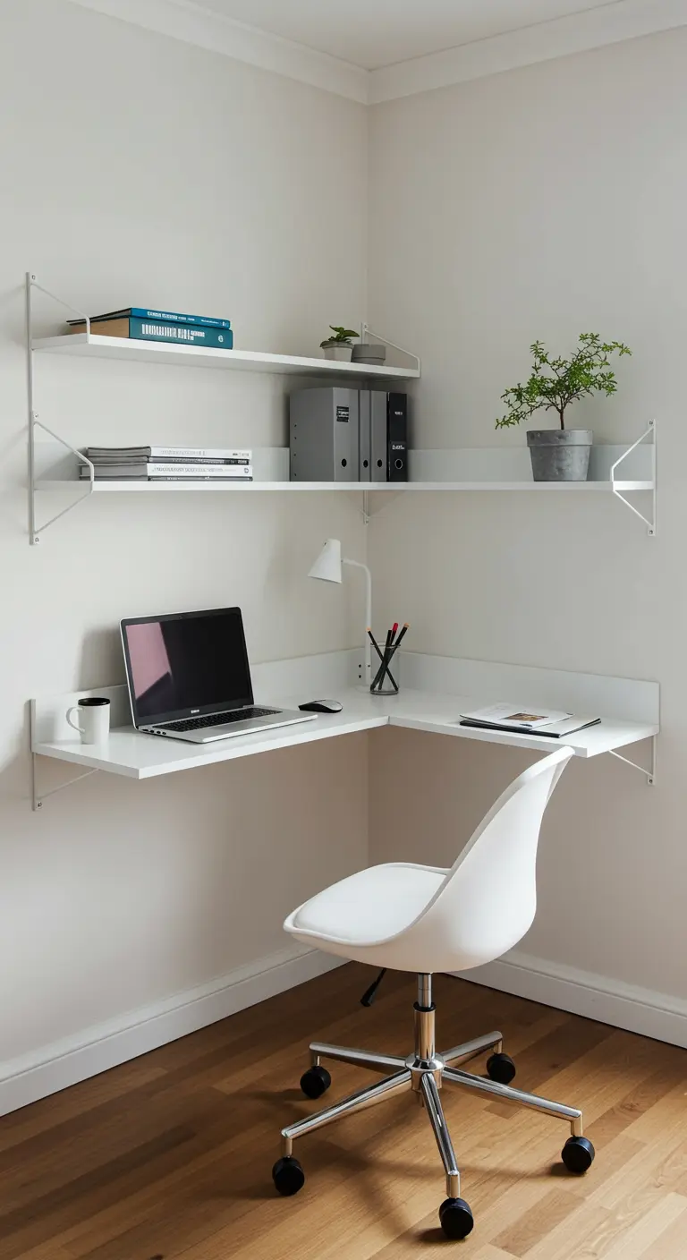 Bureau d'angle mural blanc et minimaliste avec des étagères assorties.