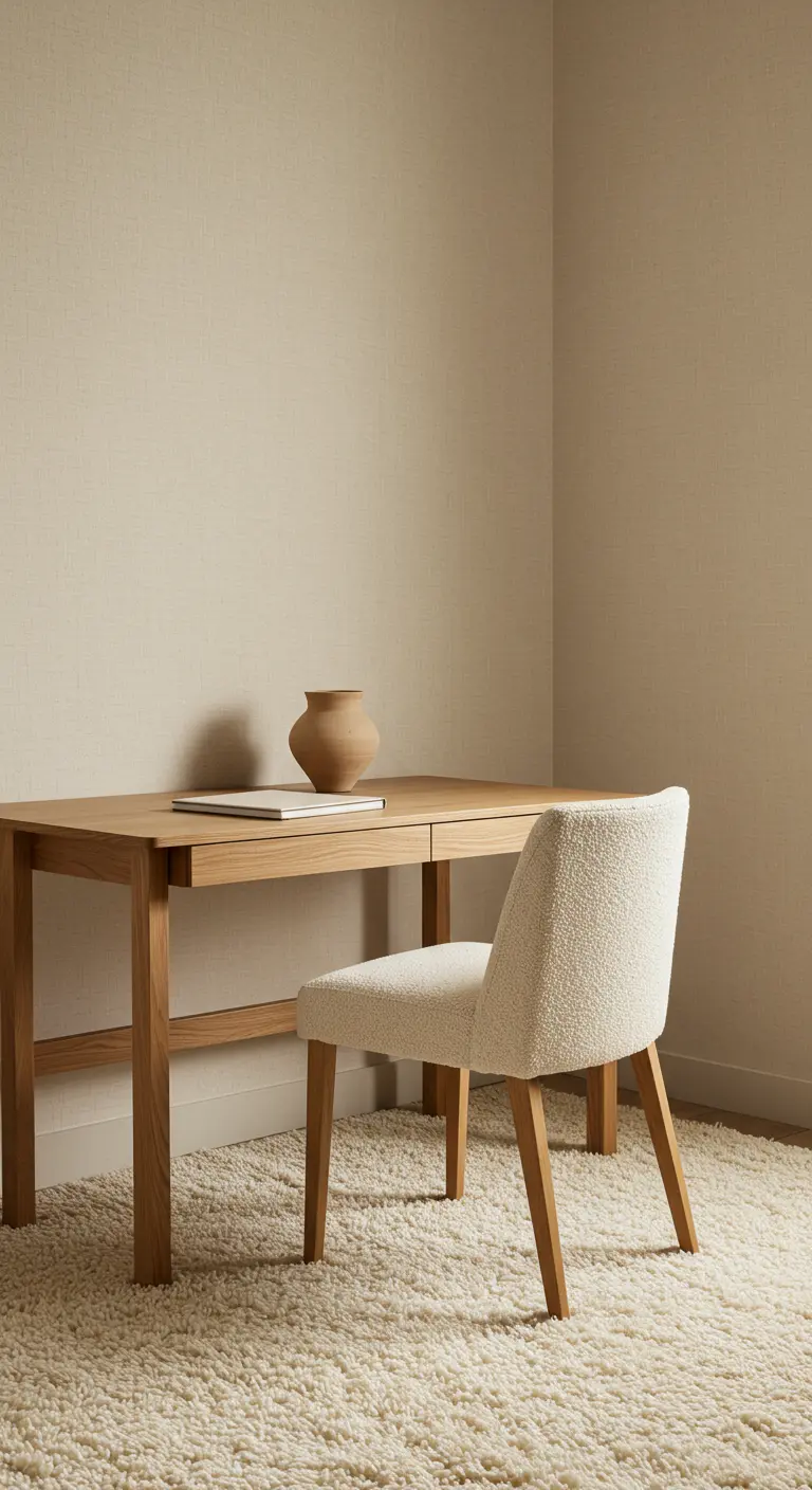 Bureau en bois dans un coin avec une chaise en tissu bouclette et un tapis shaggy.