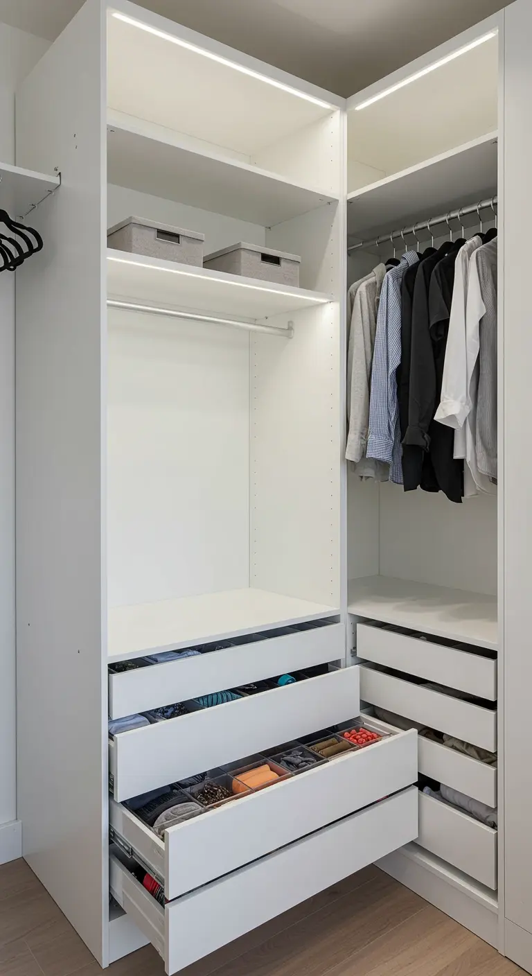 Dressing d'angle blanc avec étagères ouvertes et tiroirs coulissants.