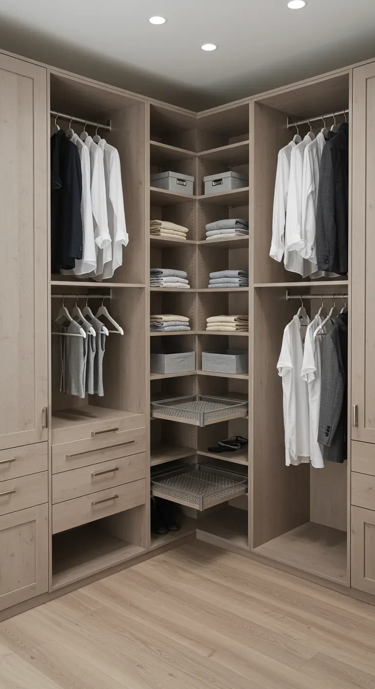 Rangement d'angle dans un dressing avec des étagères rotatives pour les chaussures.