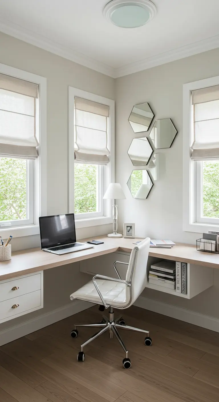 Bureau d'angle blanc et bois avec une composition de miroirs hexagonaux.