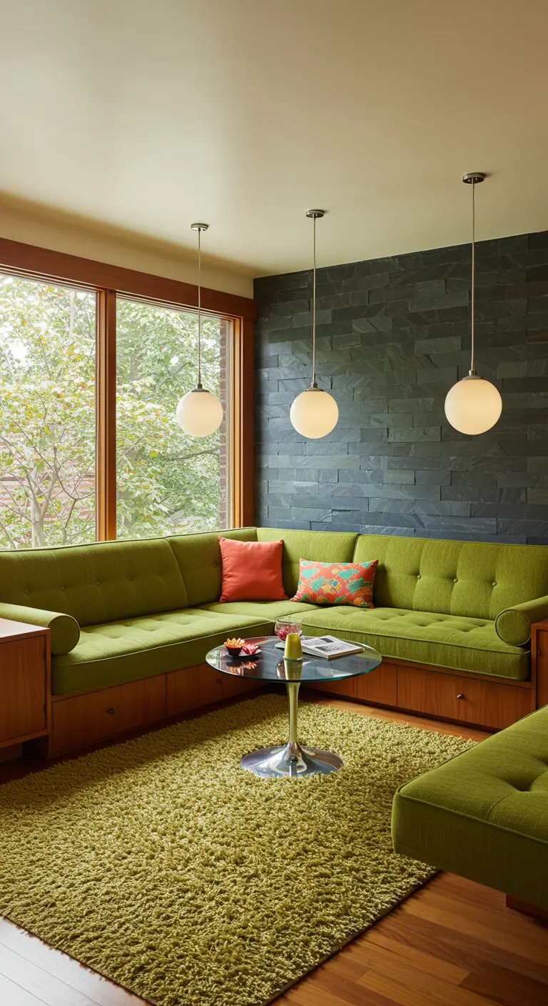 Coin repas d'angle avec une banquette verte et un mur d'accent en ardoise.