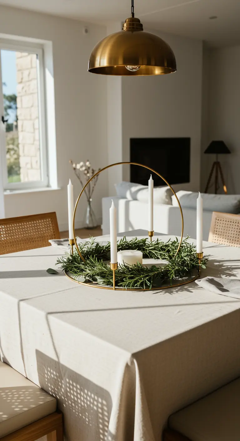 Centre de table composé d'un cerceau doré avec une couronne de romarin et quatre bougies.