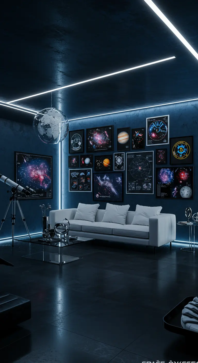 Salon futuriste avec un mur de cadres de galaxies et planètes, lumières LED bleues et un télescope.