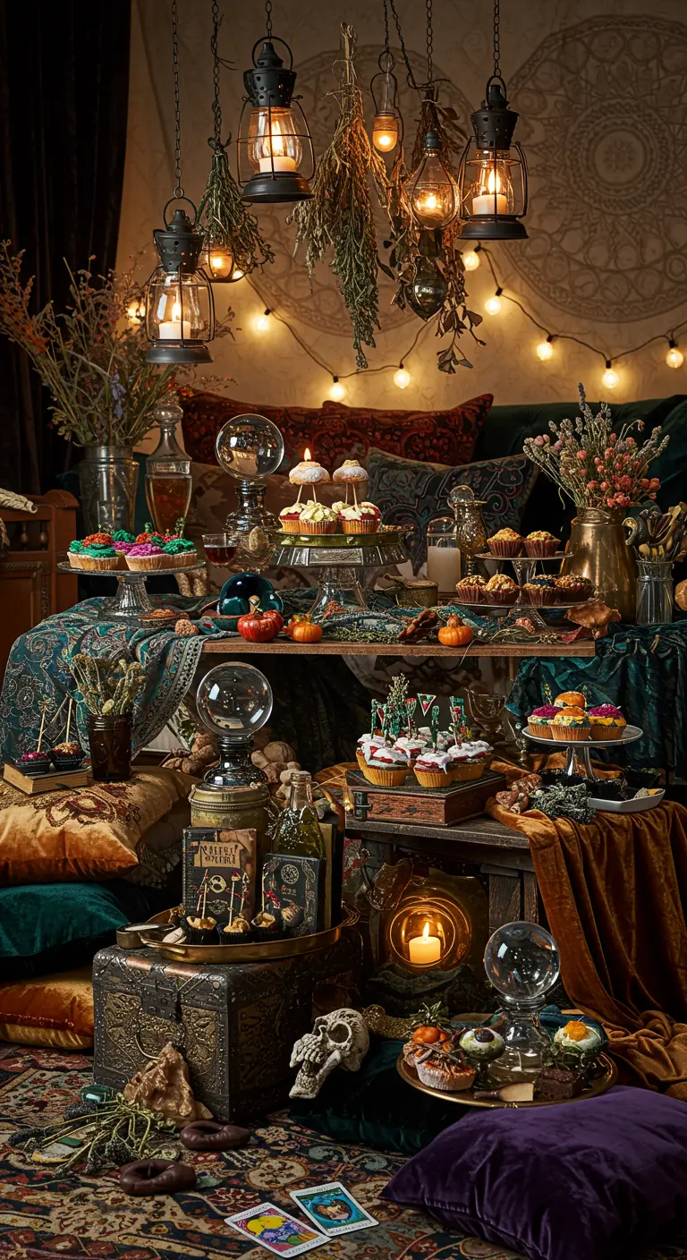 Buffet d'Halloween bohème, lanternes, coussins au sol, orbes de cristal et herbes séchées.