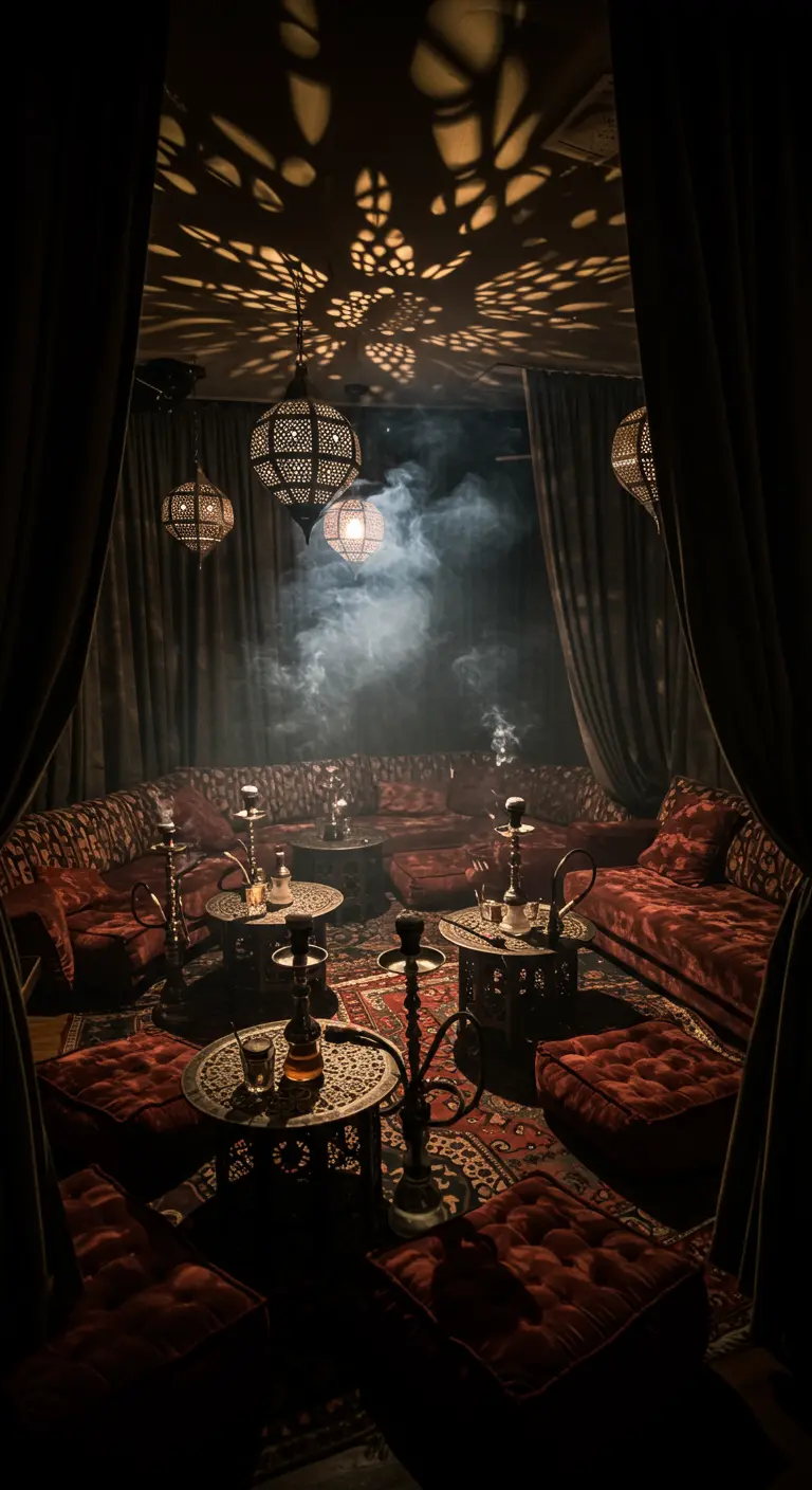 Salon de narguilé sombre avec des lanternes projetant des ombres et de la fumée.