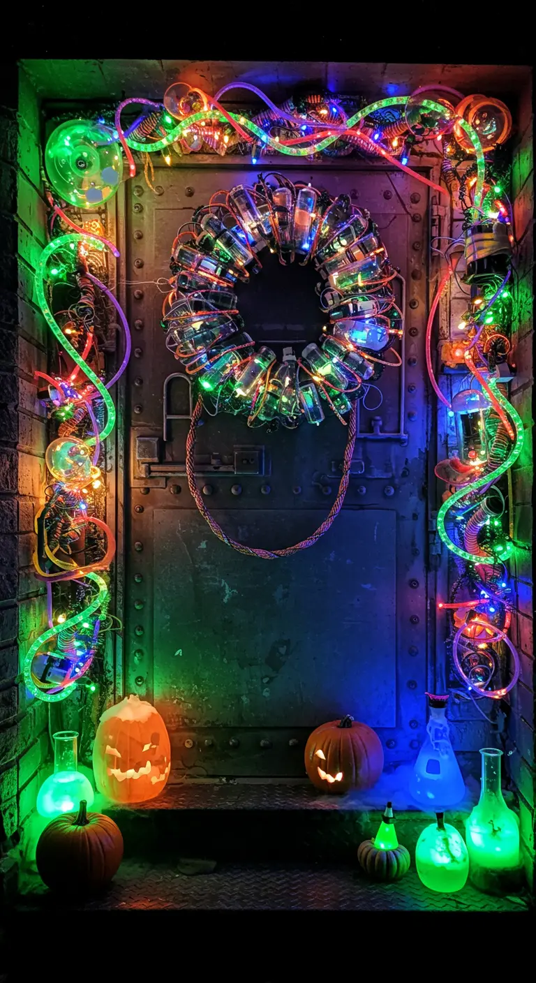 Porte de laboratoire de savant fou avec des lumières néon et des flacons.