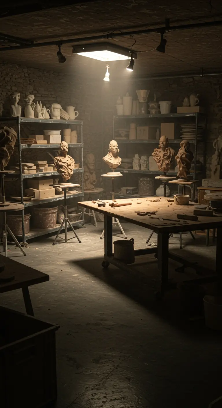 Atelier de sculpture sombre et atmosphérique, éclairé par un spot central sur des bustes en argile.