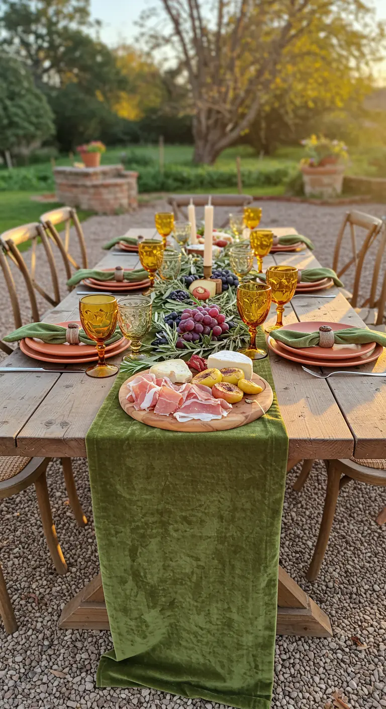 Table d'apéritif en extérieur au coucher du soleil avec du velours vert.