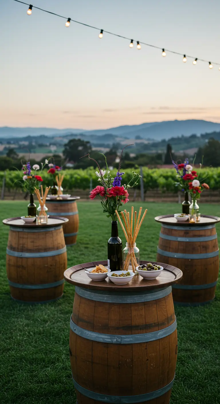 Mange-debout créés avec des tonneaux de vin dans un champ, pour un apéritif décontracté.