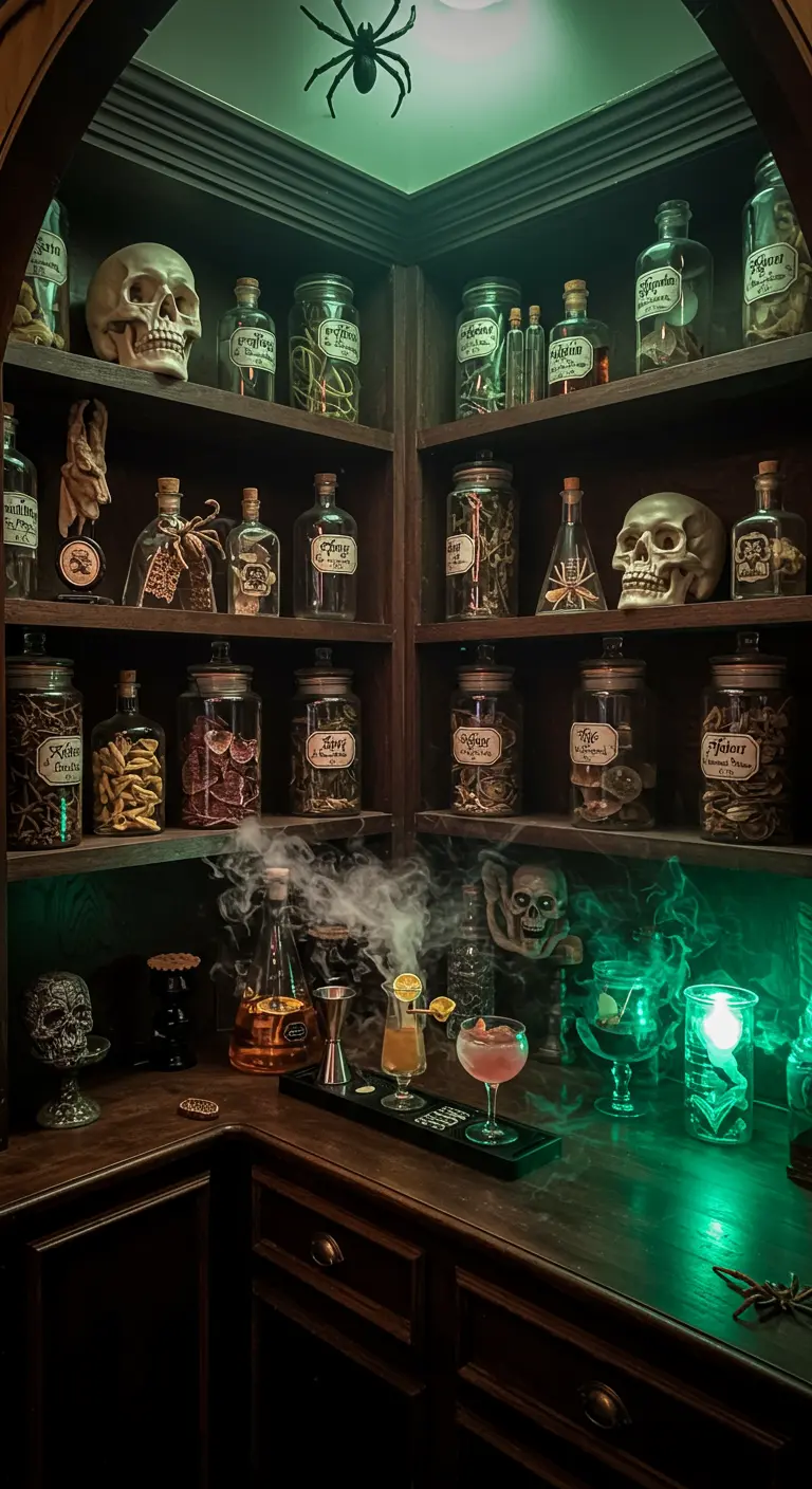 Coin bar d'apothicaire avec bocaux, crânes et éclairage vert.