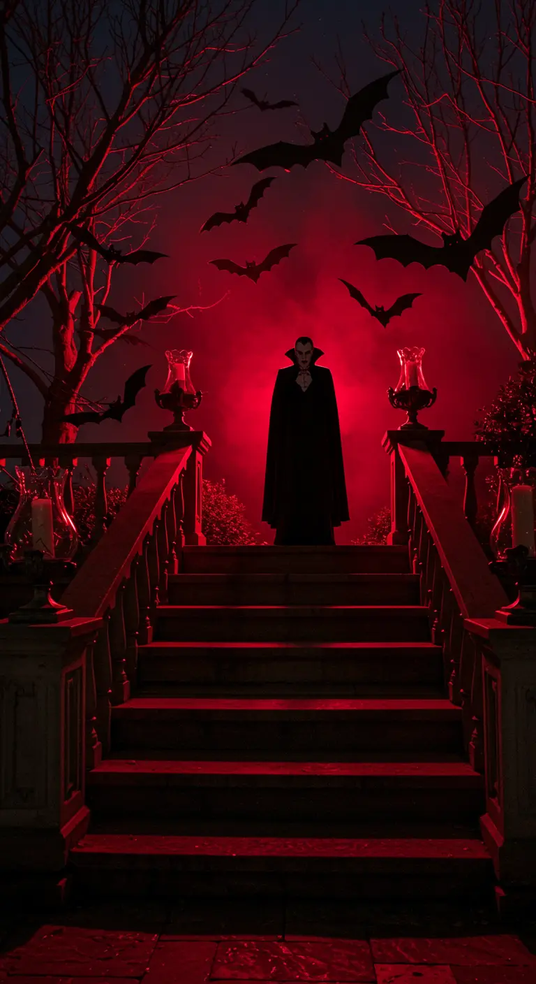 Silhouette de Dracula en haut d'un escalier, baignée dans une lumière et une fumée rouges.