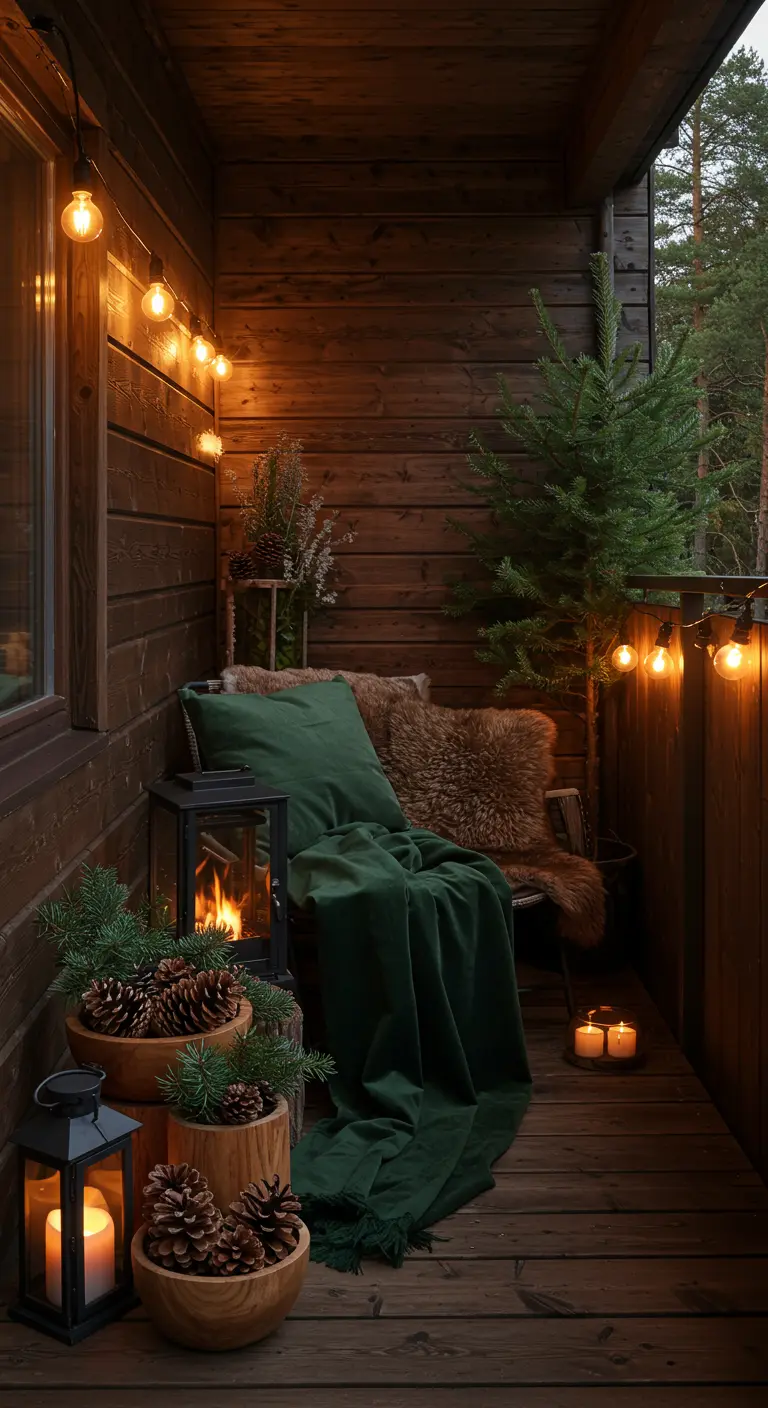 Balcon en bois foncé, plaid vert, paniers de pommes de pin, lanterne à flamme artificielle.