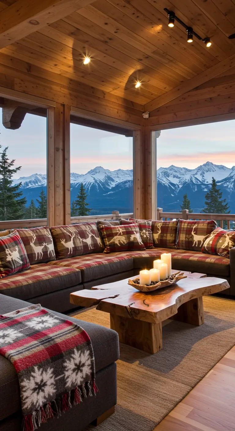 Canapé d'angle dans un chalet avec vue sur la montagne et coussins à motifs hivernaux.