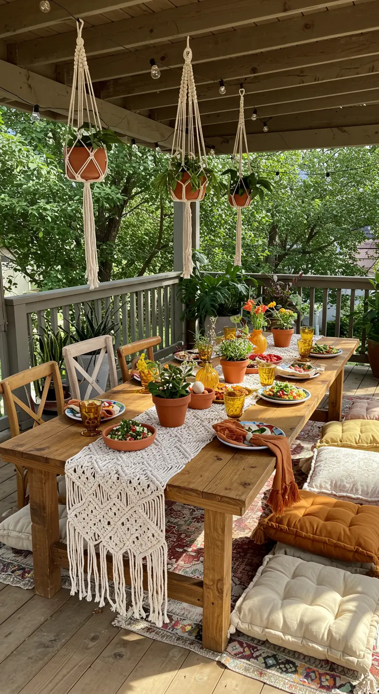 Chemin de table macramé sur table en bois extérieure avec plantes suspendues et coussins au sol.
