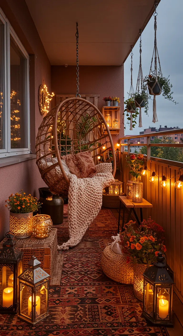 Balcon cosy bohème avec chaise suspendue, plaids, tapis oriental et lanternes allumées.