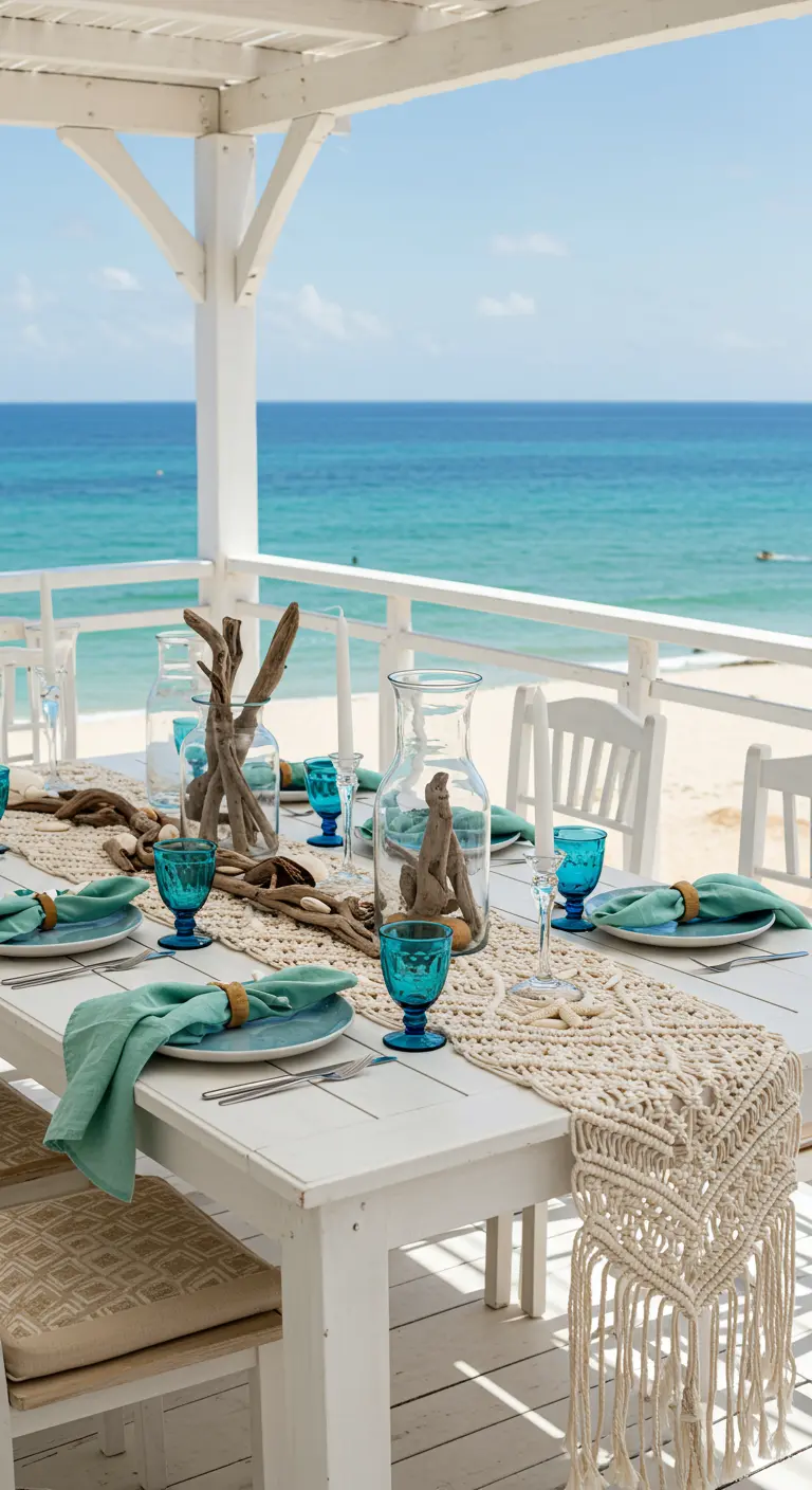Table blanche face à la mer, avec déco turquoise, bois flotté et macramé.