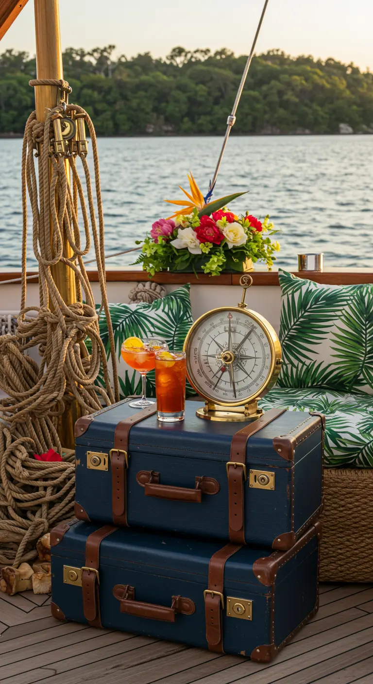 Deux valises bleues sur le pont d'un bateau, avec une boussole en laiton.