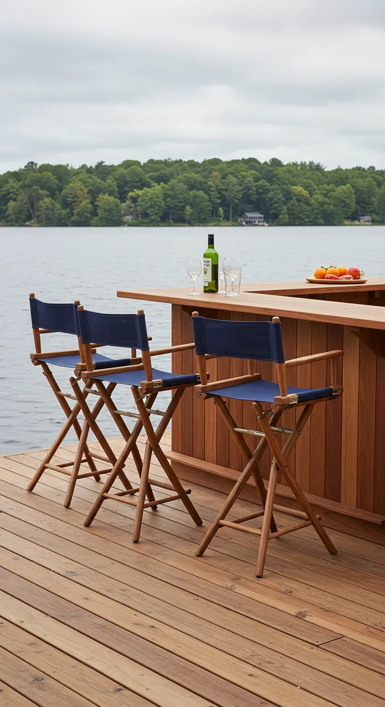 Bar en bois sur un ponton au bord d'un lac, avec des chaises de réalisateur hautes.