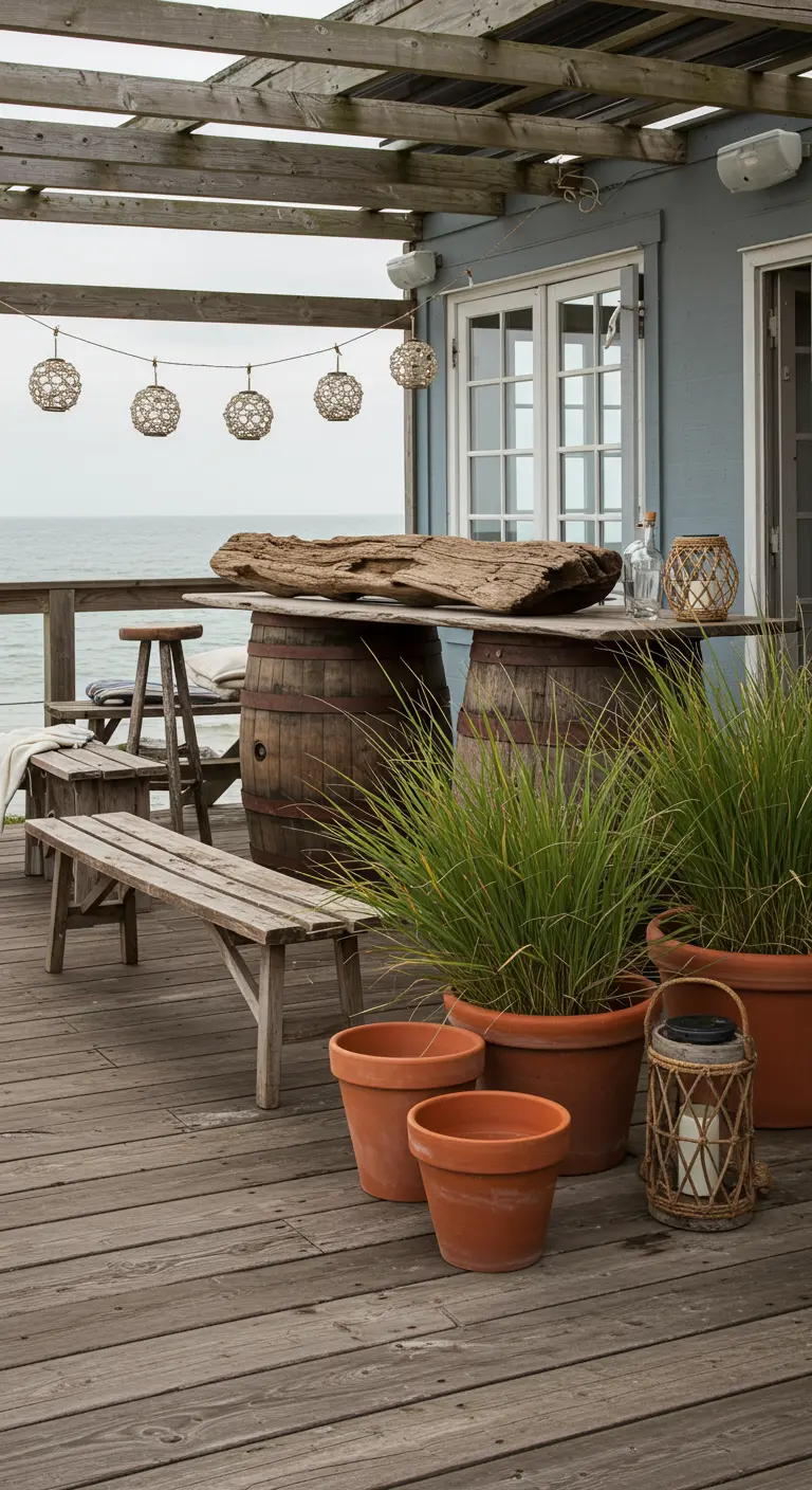 Bar extérieur rustique fait de tonneaux et de bois flotté, sur une terrasse en bois.