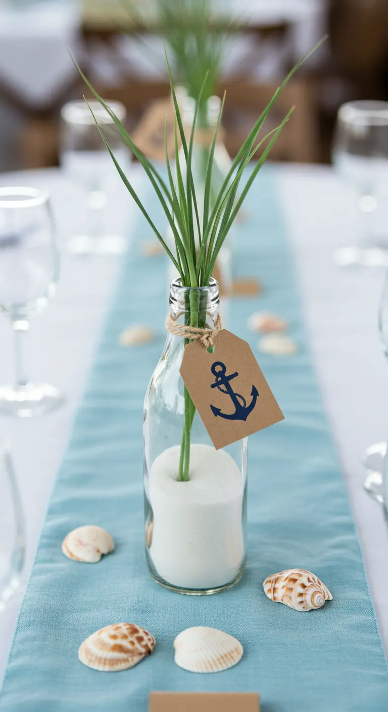 Bouteille avec du sable, une herbe verte et une étiquette ancre marine.
