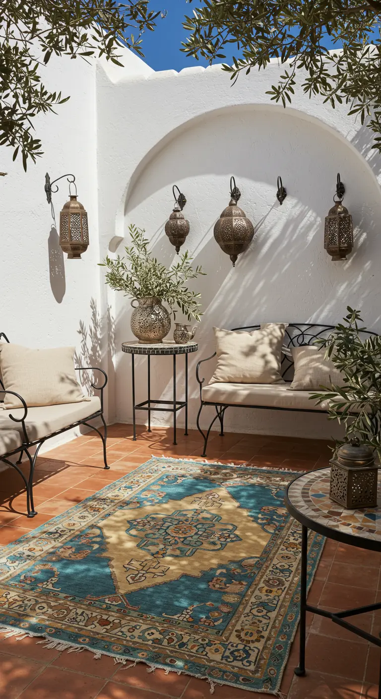 Cour méditerranéenne avec murs blancs, mobilier en fer forgé, tapis bleu et jaune, lanternes suspendues.