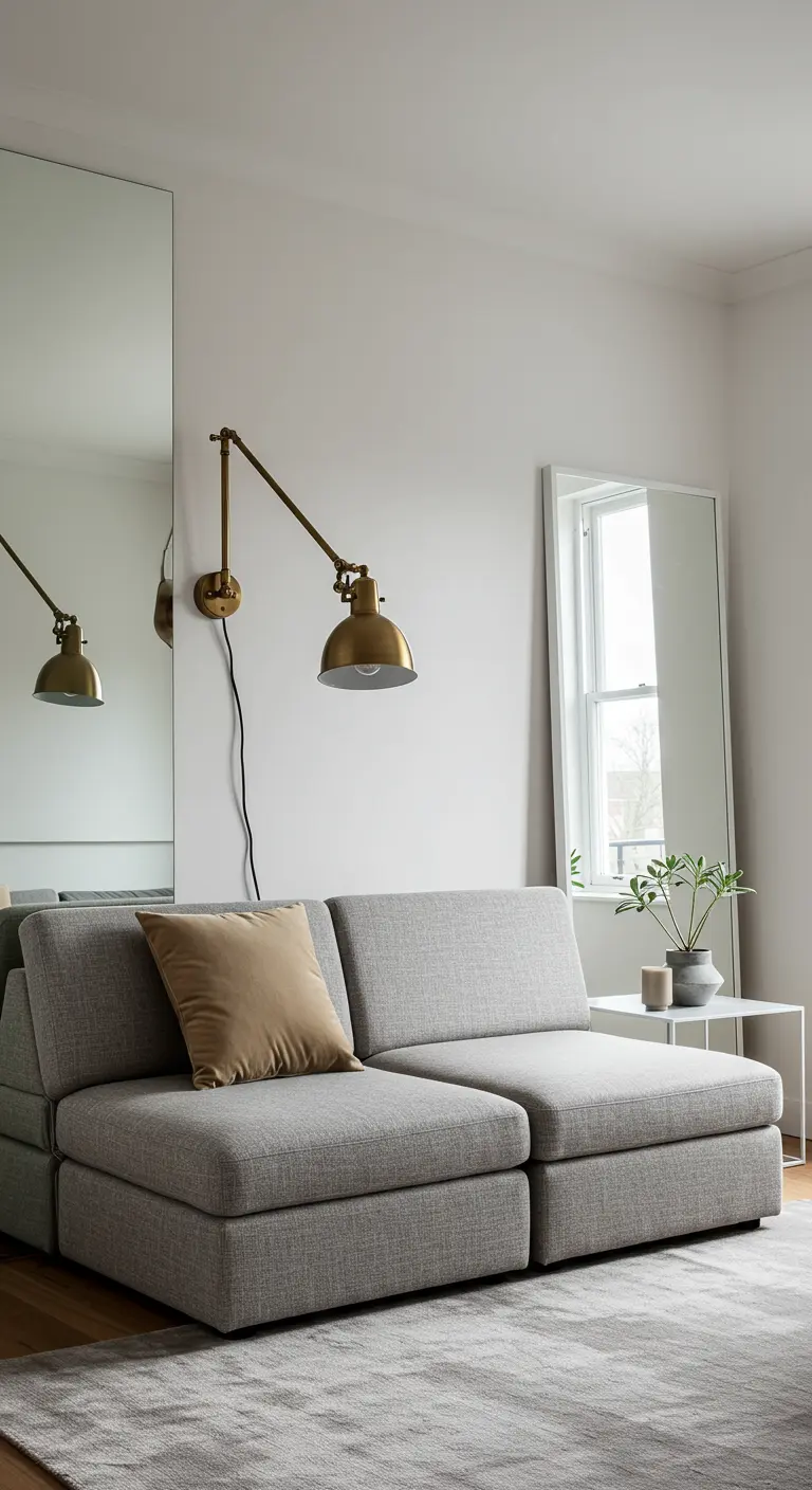 Applique murale en laiton à bras articulé au-dessus d'un canapé modulable gris.