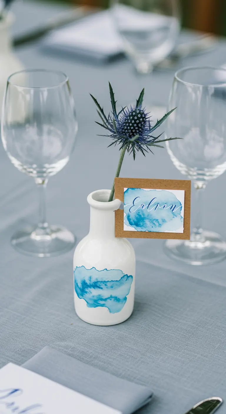 Vase blanc avec une touche d'aquarelle bleue et un chardon.