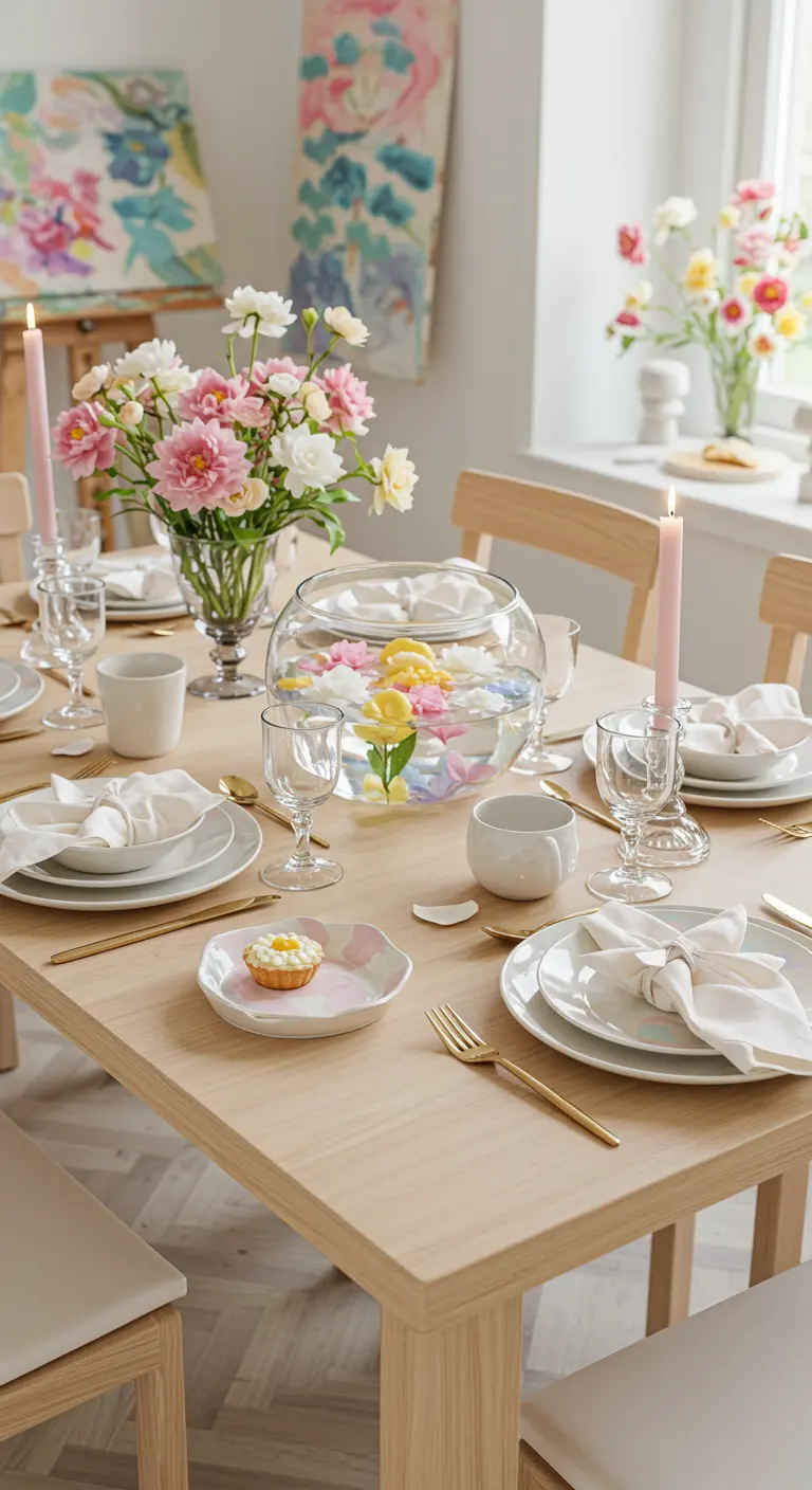 Centre de table avec des fleurs flottantes dans un grand bocal en verre.