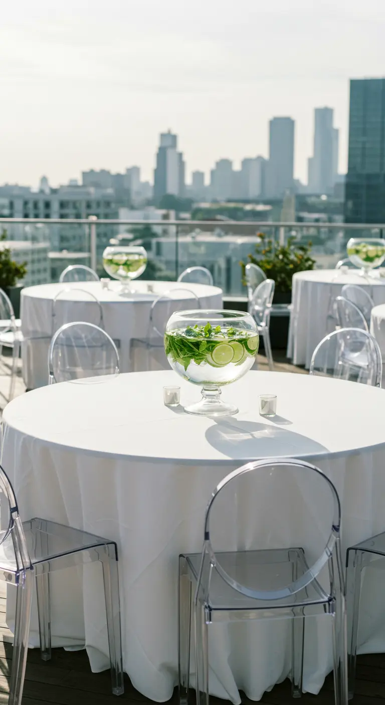 Centre de table avec un grand vase rond rempli d'eau, de limes et de menthe.