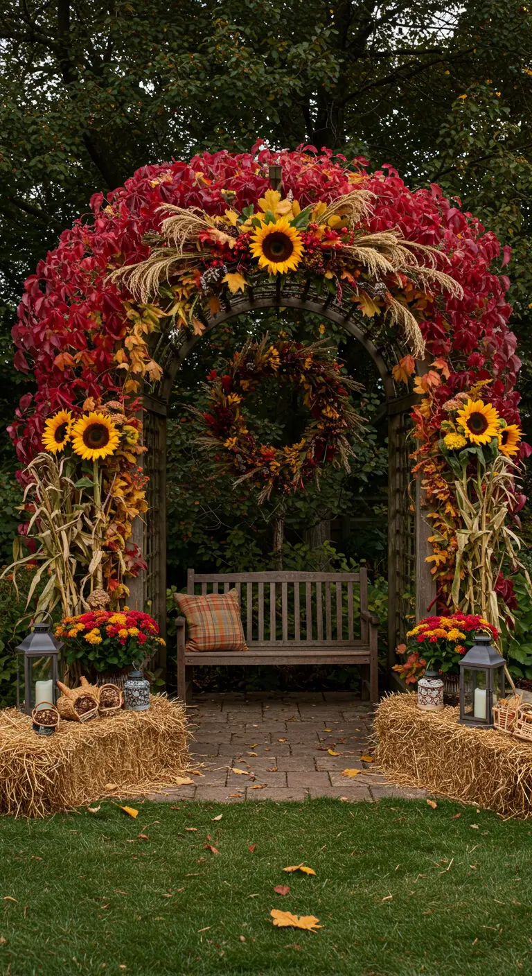 Tonnelle de jardin luxuriante avec des vignes rouges, tournesols, cornstalks, bottes de paille, lanternes et un banc en bois.
