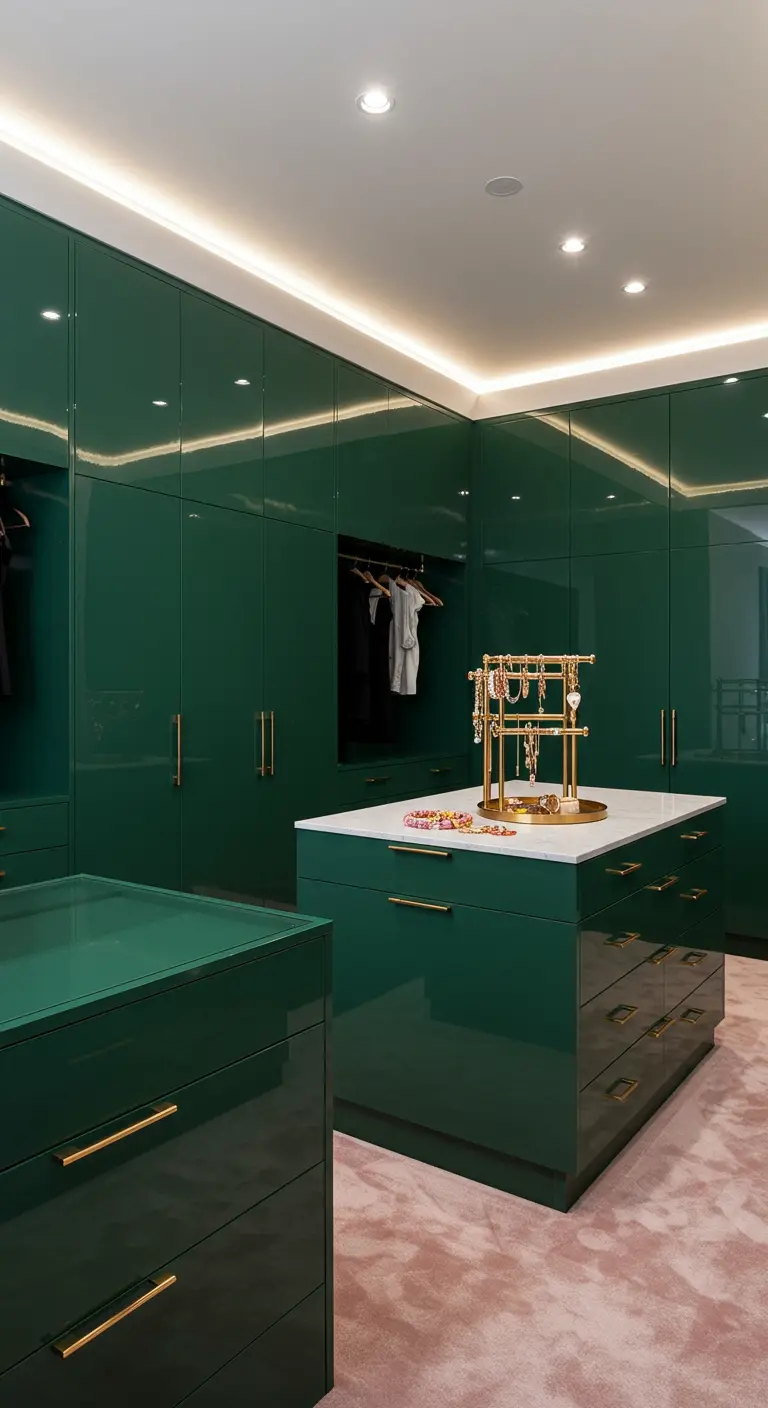 Dressing vert laqué avec un arbre à bijoux doré sur un îlot central.