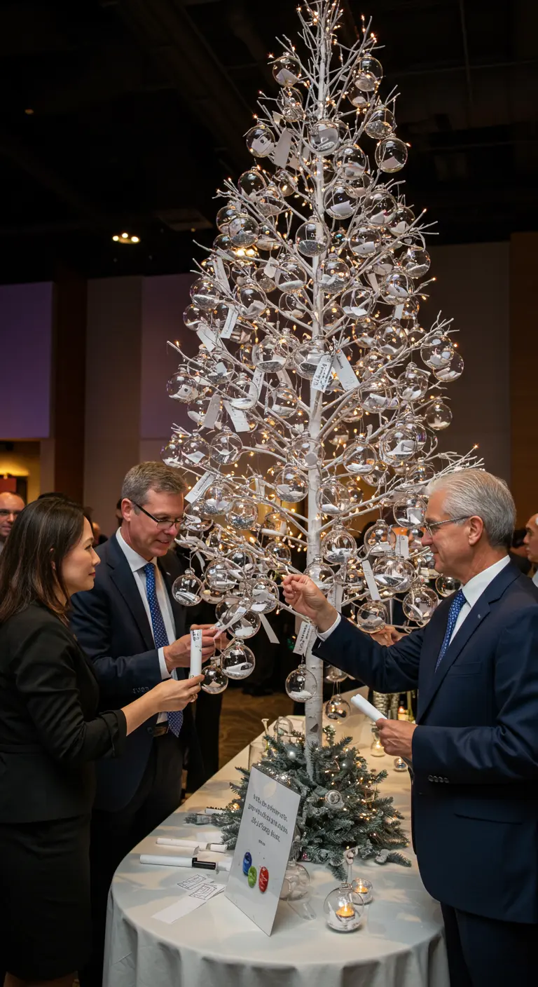 Des invités accrochant des boules contenant des messages sur un arbre blanc.