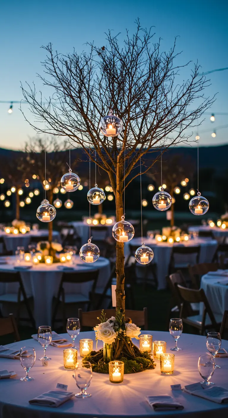 Centre de table en forme d'arbre avec des boules de verre suspendues contenant des bougies.