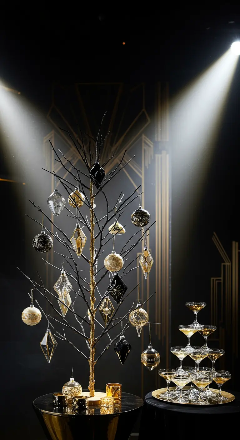 Un arbre stylisé noir et or avec des décorations Art Déco.