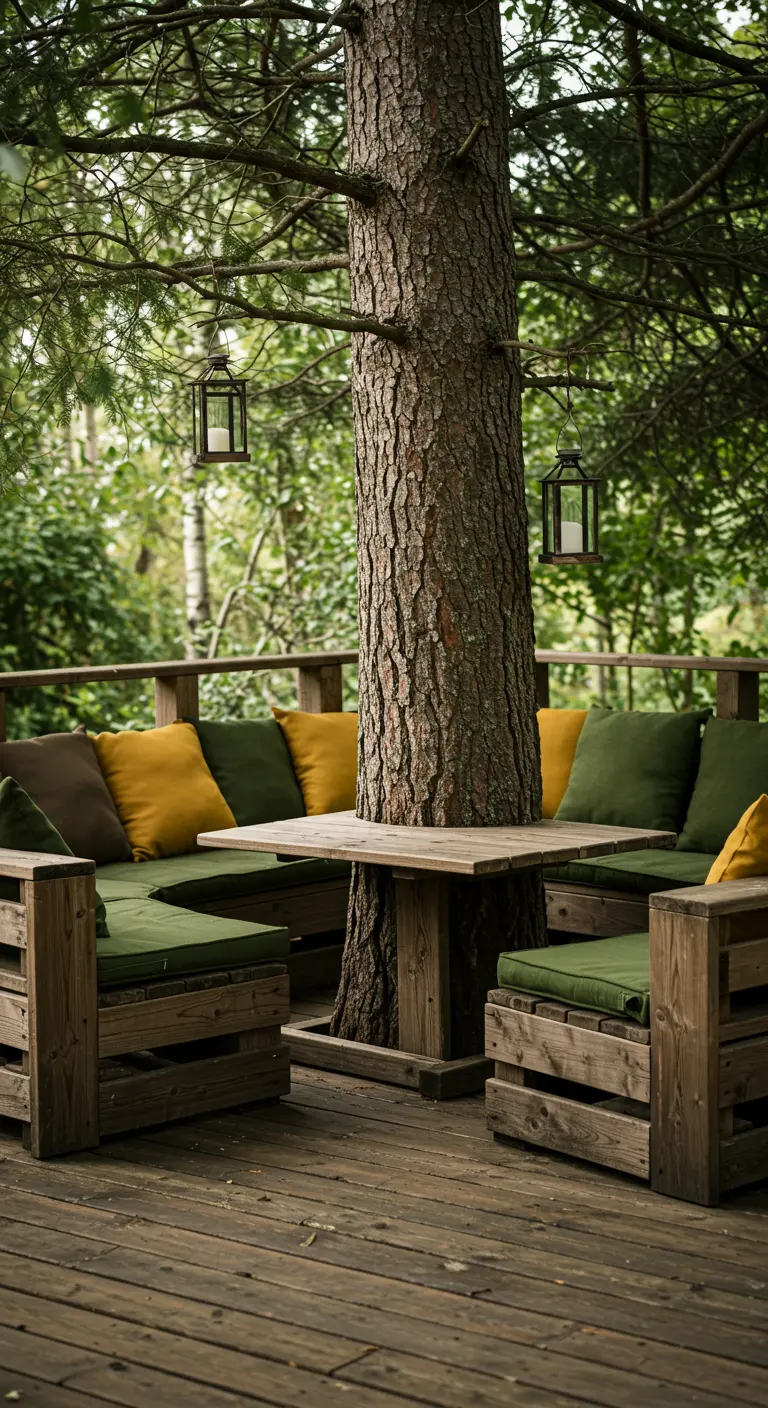 Banquette en bois autour d'un arbre sur terrasse, coussins verts et jaunes, lanternes.