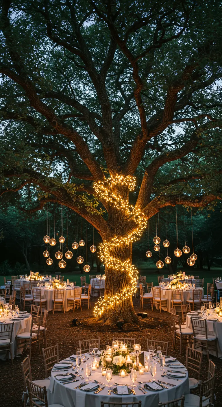 Grand arbre illuminé de guirlandes sur le tronc et de boules lumineuses suspendues.
