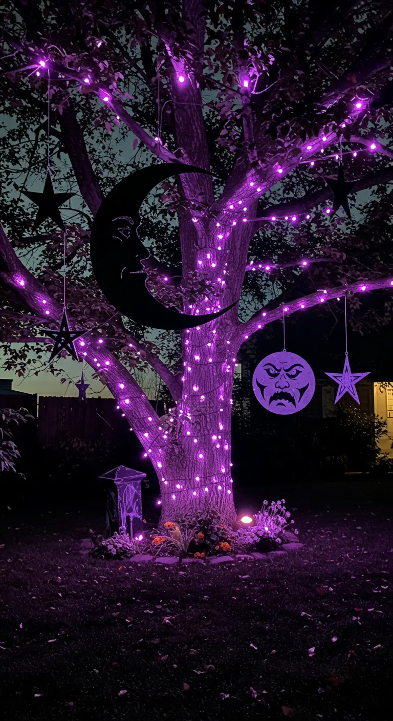 Arbre décoré de guirlandes violettes et de silhouettes de lune et d'étoiles noires.