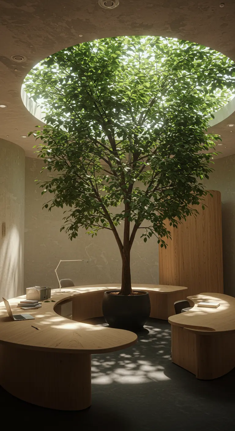Grand arbre au centre d'un espace de bureau moderne avec des postes de travail circulaires.